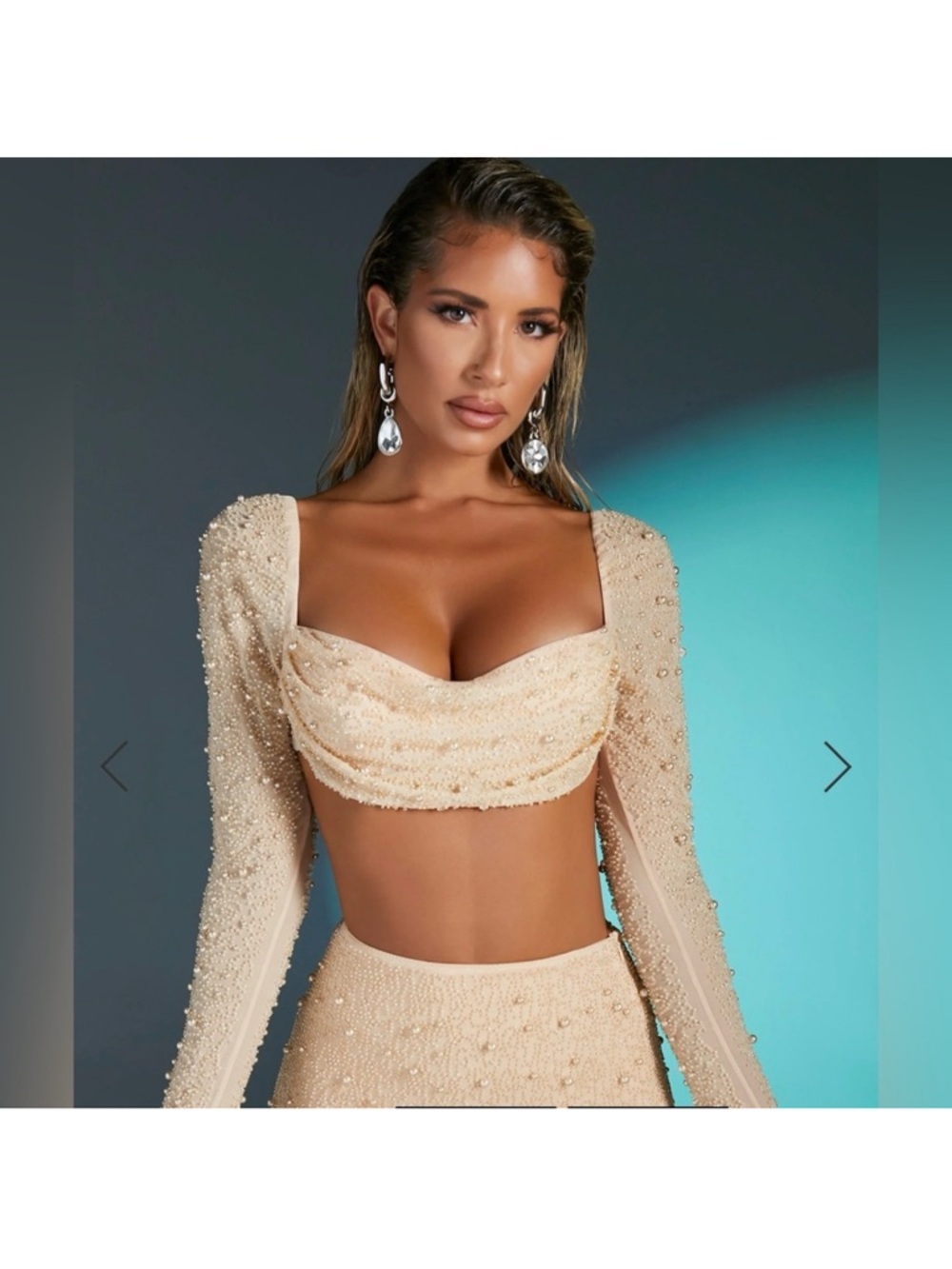 Oh Polly Tan Skirt Set with Pearl Detailing size 4 So flattering!